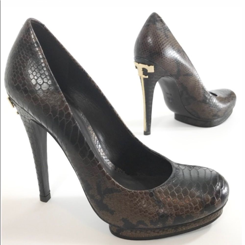Tory Burch Jude snakeskin platform pumps heels brown black 6